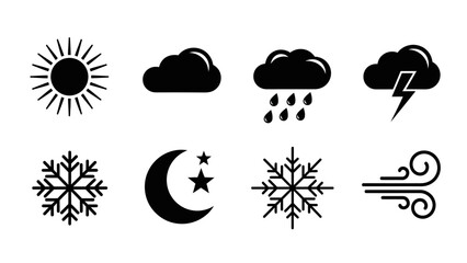 Collection of weather icons representing various atmospheric conditions including sun cloudy rain