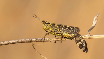 Grasshopper perched on thin twig outdoors.