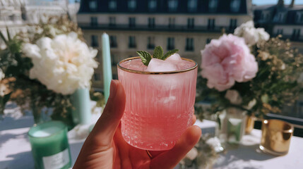 Fototapeta premium Hand holds pink iced cocktail garnished with mint on floral terrace.