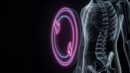 Digital illustration of a transparent human skeleton with a neon pink and blue circular arrow graphic on a black background - Powered by Adobe