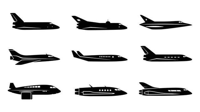 Collection of Nine Diverse Aircraft Silhouettes Showing Various Airplane Designs and Types