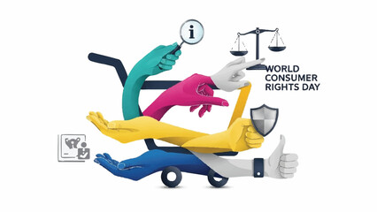 World Consumer Rights Day Celebration with Diverse Hands and Symbols.