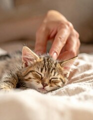 Close up of a sleepy tabby kitten with closed eyes being petted by a hand on a soft beige blanket during soft daylight