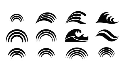 Collection of abstract black wave icons representing water waves and ocean movement