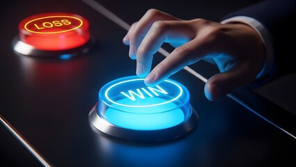 A hand pressing a glowing blue win button next to a red loss button