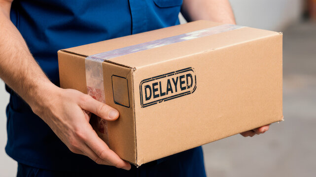 Man holding cardboard package with delayed label indicating postponed shipment in logistics zone