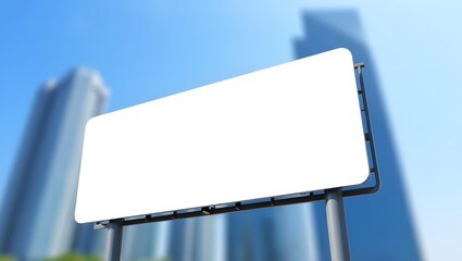 Blank billboard against a blurred city skyline with tall buildings