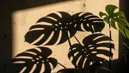 Monstera plant leaves casting dramatic shadows on wall