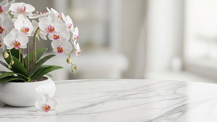 Elegant white orchid plant on marble table in modern room