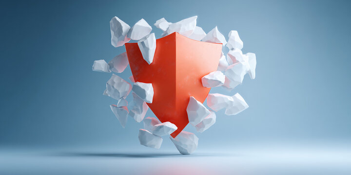 An orange triangle is being broken with some white rocks around it. It suggests the idea of destruction and overcoming obstacles