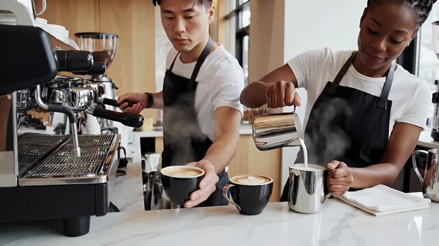 Barista Making Coffee Latte Art Professional Cafe Workers Brewing Espresso Drinks Delicious Coffee Shop Business Food Service Restaurant Stock Video Footage