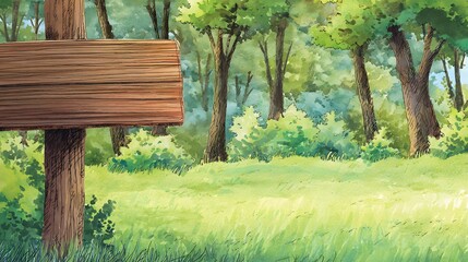 Inviting wooden sign welcomes visitors to a sunlit forest clearing illustration