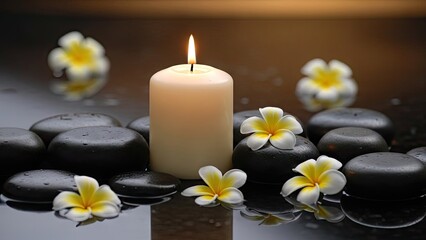Serene spa setup with lit candle surrounded by black stones and plumeria flowers in water