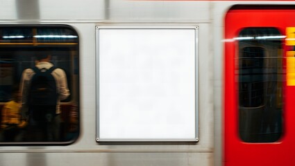 Subway train interior with a blank advertisement space and blurred passengers
