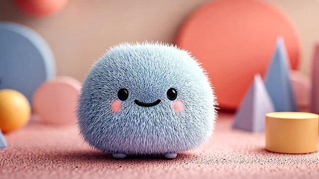 Adorable Blue Furry Plush Toy with Happy Facial Expression in a Colorful Play Scene