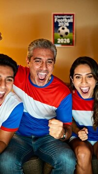 Happy family wearing Paraguayan national team jerseys cheering while watching a football match on television at home
