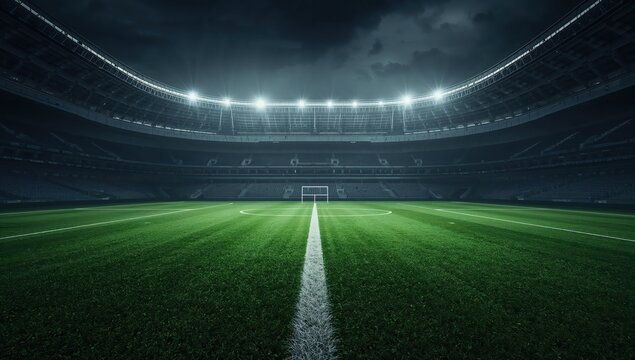 Professional soccer stadium illuminated at night without crowd representing competition and sports infrastructure
