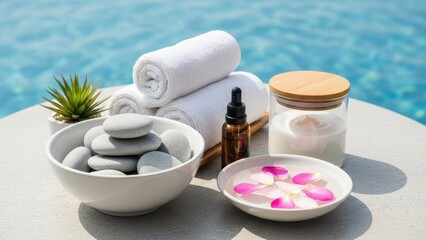 Serene spa setup with towels, stones, and flowers by pool