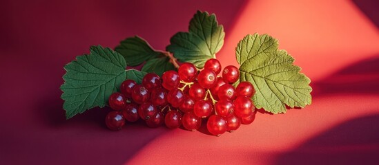 Red currants on red background, sunlight. Food blog