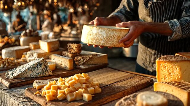 artisan cheese selection at outdoor market showcasing cheese cutting and presentation