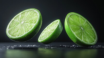 Floating lime slices, dark background, refreshing drink concept