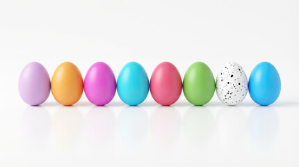 A row of eight colorful easter eggs in shades of purple, orange, pink, light blue, green, white and dark blue is presented
