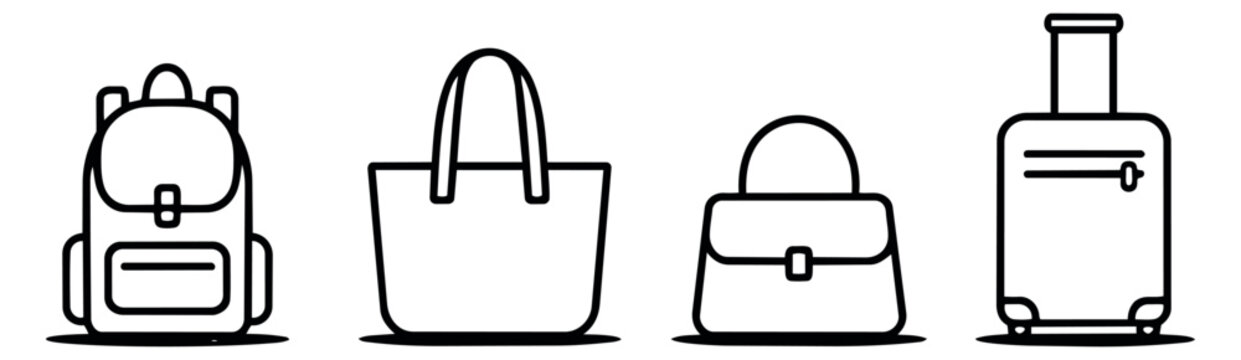 Outline bags and luggage set featuring a backpack, a tote bag, a handbag, and a suitcase for travel and daily use