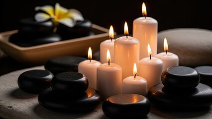 Serene spa setup with lit candles and hot stones for relaxation