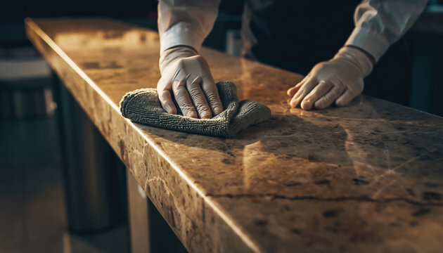 Person in white gloves meticulously cleaning a long, polished bar counter with a grey cloth in a commercial setting.