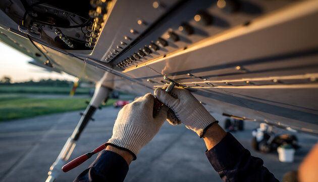 Close-up of a technician's gloved hands performing maintenance on an aircraft wing, showing detailed metal structure and rivets.
