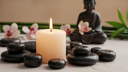 Serene spa setup with Buddha statue, candle, and hot stones