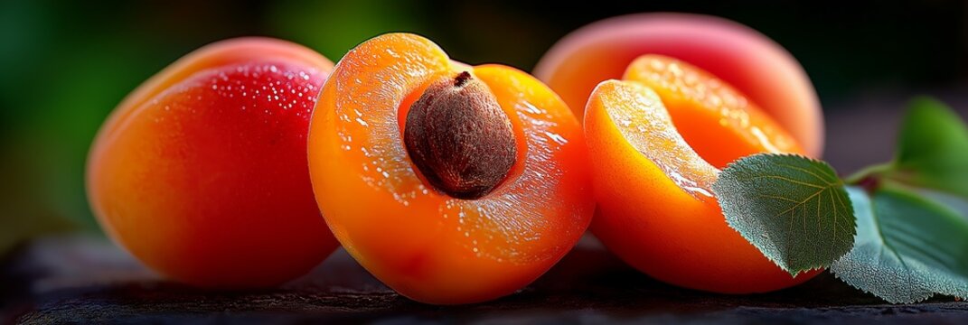 Fresh apricot showing delicious fruit and healthy pit. Freshly cut apricot revealing its vibrant orange flesh and healthy pit on a dark surface