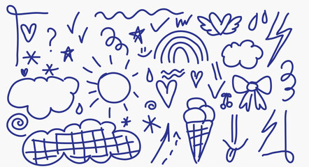 Abstract Childish Weather Outline Icon Bundle. Blue Scribble Line Collection. Imperfect Irregular Stroke Element Set. Childish Funny School Graphic Card or Banner Decoration © vanillamilk