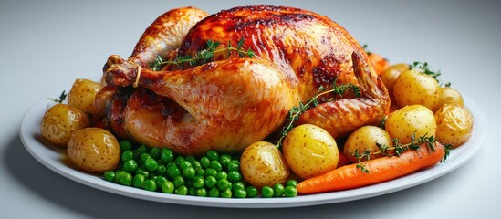 Roasted chicken, potatoes, peas, carrots. Festive dinner