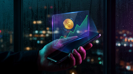 A hand holding a smartphone with a holographic financial graph and dollar coin rising upwards at night with a cityscape background with technology with finance and business