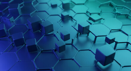 Image with a geometric pattern of blue hexagons and floating cubes, creating a complex, structured appearance, representative of connectivity, technology
