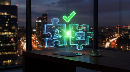 Neon puzzle pieces with a green checkmark on a desk in front of a city skyline at dusk representing job role and teamwork concept with business with office and success