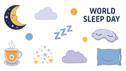 World Sleep Day Celebration with Sleepy Moon and Cozy Elements.