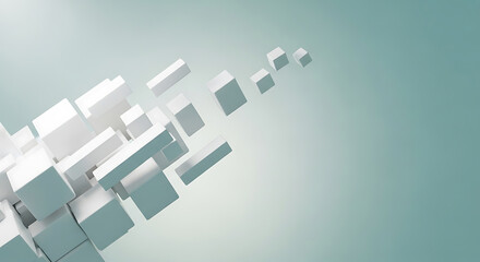 A 3D rendering of white cubes of various sizes scattered across a gradient blue background