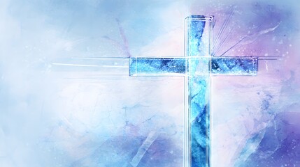 Futuristic Christian cross illustration blends faith and technology with soft blue neon highlights