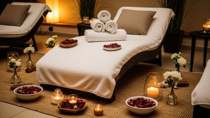 Serene spa lounge with candles and rose petals for relaxation
