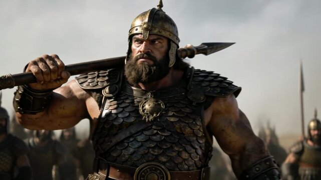 David and Goliath video Part 3 - A Fierce and Formidable Portrait of the Giant Warrior Goliath in Bronze Armor.