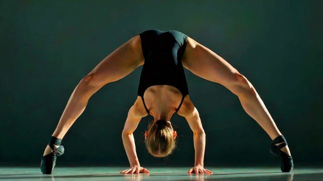 Dedicated ballet dancer executes an impressive, difficult handstand split stretch wearing black pointe shoes in a studio setting