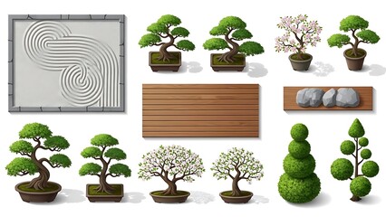 Collection of bonsai trees and zen garden elements isolated on white background