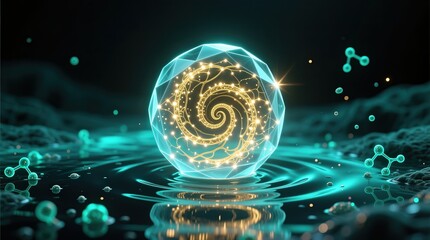 submicroscopic. A single, complex, glowing molecule emerges from a dark, primordial aqueous solution, symbolizing the spark of life. STEM education sheets.