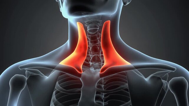 "Medical illustration of thyroid gland highlighted in red within semi-transparent neck anatomy."