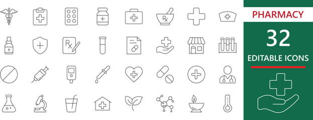 Pharmacy editable line icons for medicine delivery, prescription, and healthcare apps. Minimal vector set for medical UI, hospital, and biotech labs.