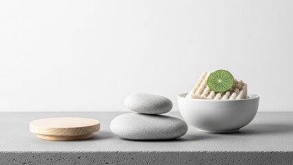 Serene spa setup with stones and natural elements on concrete