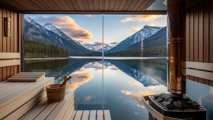 Serene sauna overlooking tranquil lake with snow-capped mountains
