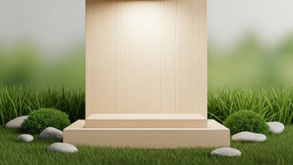 Modern wooden podium in serene garden setting with green grass